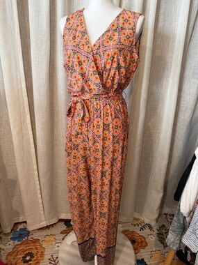 Tacera Orange Floral Print Sleeveless Jumpsuit